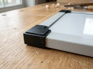 Close-up of the PVC frame and black plastic corner cap on a whiteboard